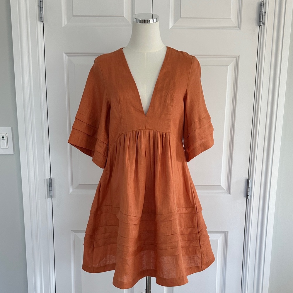 Showpo Babydoll Linen Tiered Burndt Orange Cutout Open Back Mini Dress Size 10